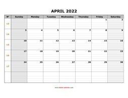 Printable April 2022 Calendar, large box grid, space for notes (horizontal)