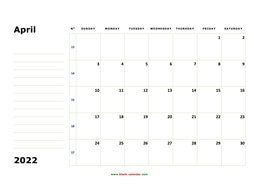 printable april calendar 2022 large box space notes