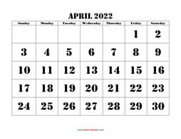 Printable April 2022 Calendar, large font design , holidays on red (horizontal)