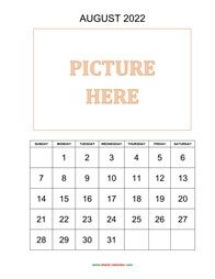 Printable August 2022 Calendar, pictures can be placed at the top (vertical)