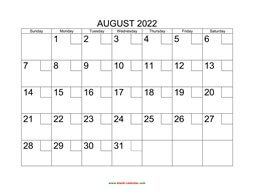 Printable August 2022 Calendar with check boxes (horizontal)
