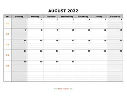 Printable August 2022 Calendar, large box grid, space for notes (horizontal)