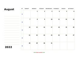 Printable August 2022 Calendar, large box, Federal Holidays listed, space for notes (horizontal)
