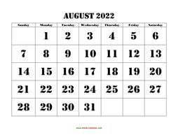 Printable August 2022 Calendar, large font design , holidays on red (horizontal)
