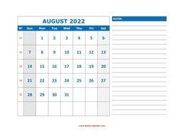 Printable August 2022 Calendar, large space for appointment and notes (horizontal)
