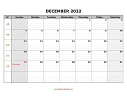 printable december 2022 calendar large box grid, space for notes
