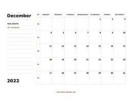 printable december 2022 calendar, large box, space for notes