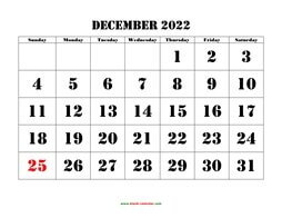Printable December 2022 Calendar, large font design , holidays on red (horizontal)