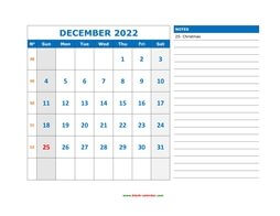 Printable December 2022 Calendar, large space for appointment and notes (horizontal)
