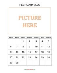 printable february 2022 calendar, pictures can be placed at the top