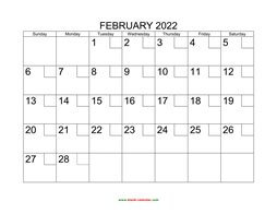 Printable February 2022 Calendar with check boxes (horizontal)