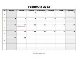 Printable February 2022 Calendar, large box grid, space for notes (horizontal)