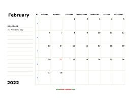 printable february calendar 2022 large box space notes