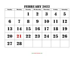 Printable February 2022 Calendar, large font design , holidays on red (horizontal)