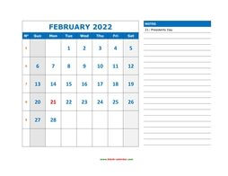 Printable February 2022 Calendar, large space for appointment and notes (horizontal)