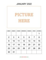 Printable January 2022 Calendar, pictures can be placed at the top (vertical)