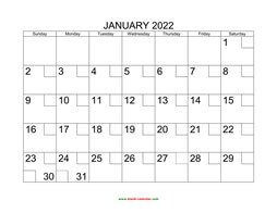 Printable January 2022 Calendar with check boxes (horizontal)