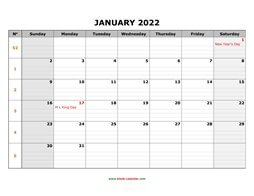 Printable January 2022 Calendar, large box grid, space for notes (horizontal)