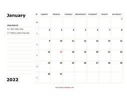 printable january calendar 2022 large box space notes