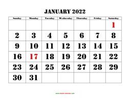 Printable January 2022 Calendar, large font design , holidays on red (horizontal)