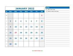 Printable January 2022 Calendar, large space for appointment and notes (horizontal)