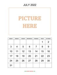 printable july 2022 calendar, pictures can be placed at the top