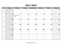 printable july 2022 calendar large box grid, space for notes
