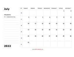 printable july 2022 calendar, large box, space for notes