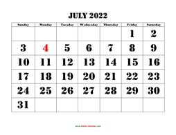 Printable July 2022 Calendar, large font design , holidays on red (horizontal)