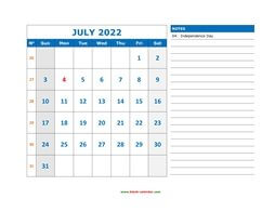 Printable July 2022 Calendar, large space for appointment and notes (horizontal)