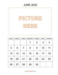 printable june 2022 calendar, pictures can be placed at the top