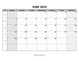 printable june 2022 calendar large box grid, space for notes