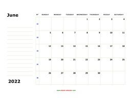 printable june 2022 calendar, large box, space for notes