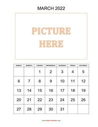 Printable March 2022 Calendar, pictures can be placed at the top (vertical)
