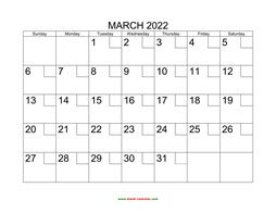 Printable March 2022 Calendar with check boxes (horizontal)