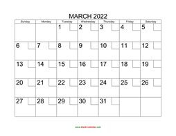 calendar printable 2022 march february boxes check months grid box per blank month font horizontal january notes space