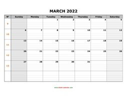 Printable March 2022 Calendar, large box grid, space for notes (horizontal)