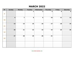 printable march 2022 calendar large box grid, space for notes