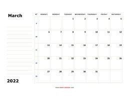 Printable March 2022 Calendar, large box, Federal Holidays listed, space for notes (horizontal)
