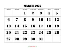 Printable March 2022 Calendar, large font design , holidays on red (horizontal)