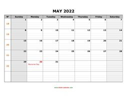 Printable May 2022 Calendar, large box grid, space for notes (horizontal)