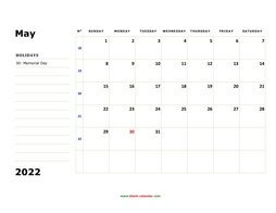Printable May 2022 Calendar, large box, Federal Holidays listed, space for notes (horizontal)