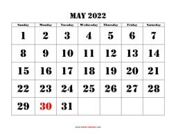 Printable May 2022 Calendar, large font design , holidays on red (horizontal)