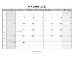Printable Calendar 2022, large box grid, space for notes (one month per page, horizontal)