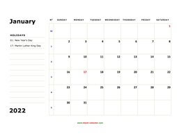 printable monthly calendar 2022, large box, space for notes