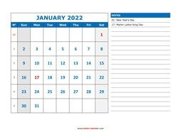 Printable Calendar 2022, large space for appointment and notes (12 pages, horizontal)