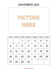 Printable November 2022 Calendar, pictures can be placed at the top (vertical)