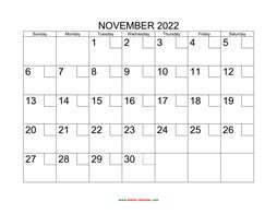 Printable November 2022 Calendar with check boxes (horizontal)