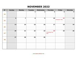 Printable November 2022 Calendar, large box grid, space for notes (horizontal)