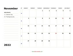 Printable November 2022 Calendar, large box, Federal Holidays listed, space for notes (horizontal)
